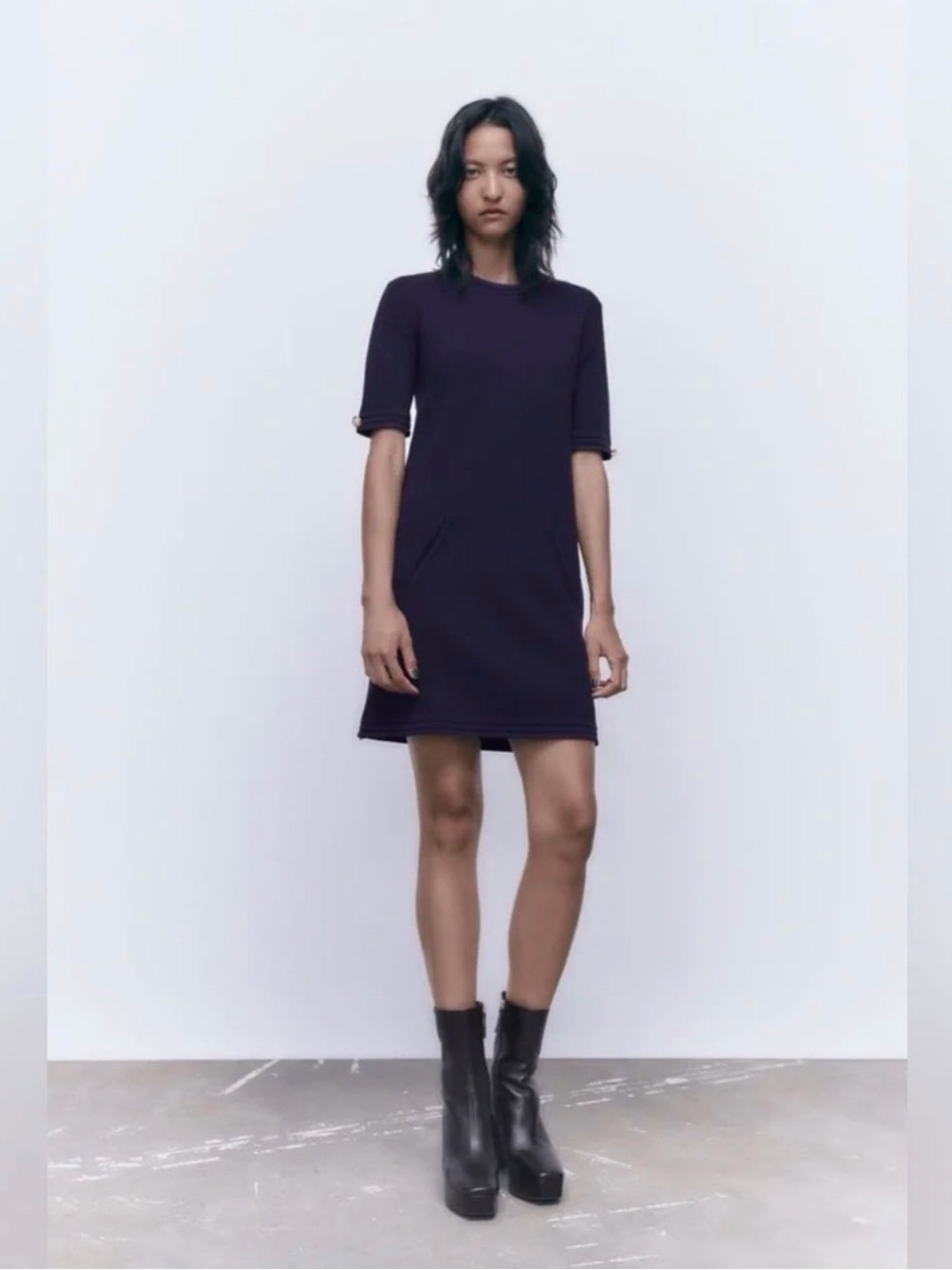 ZARA Dark Navy Textured Knit Mini Dress with Gold Button Details